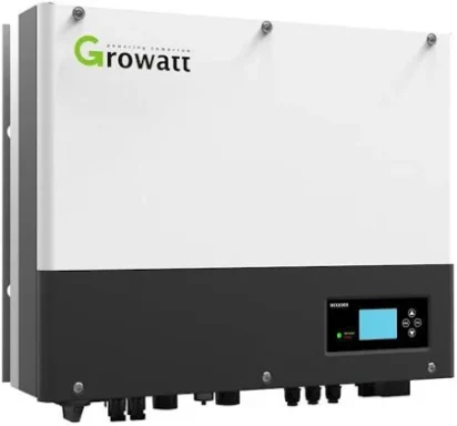 A Growatt solar inverter with a digital display and multiple connector ports.